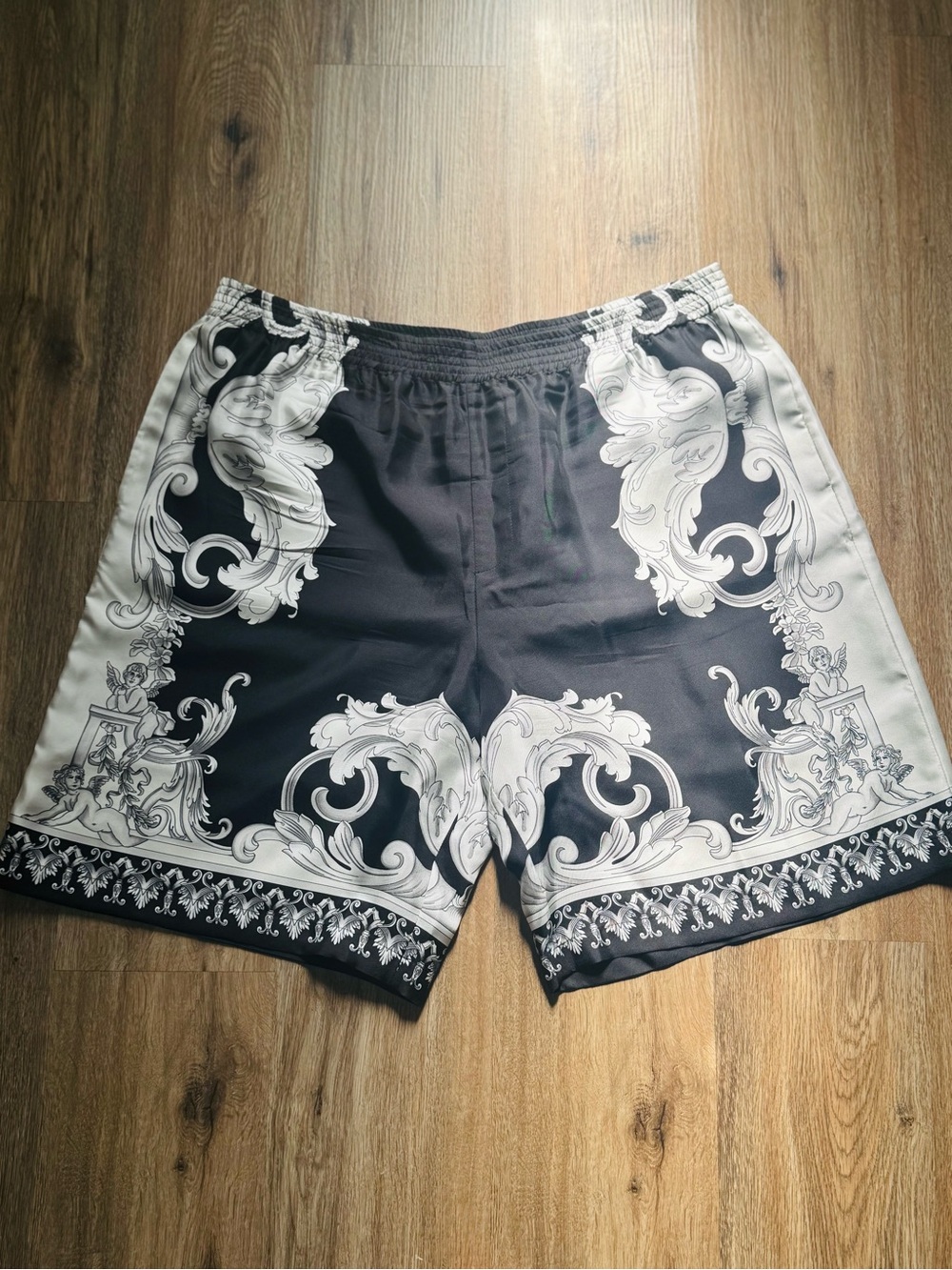 Versace Black and White Baroque Athletic Shorts